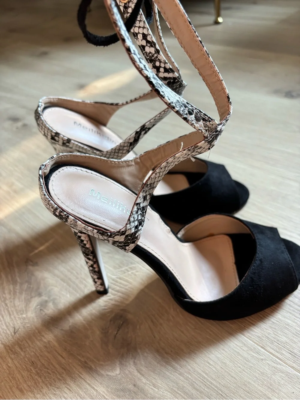 Merrell Black Suede Peep-Toe Heels with Snake-Print Ankle Straps